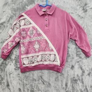 Vintage 80s Graff Top Womens M Pink Silver Metallic‎ Glitter 3/4 Sleeve Polo